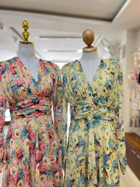 V-neck Long Sleeves Floral Dresses